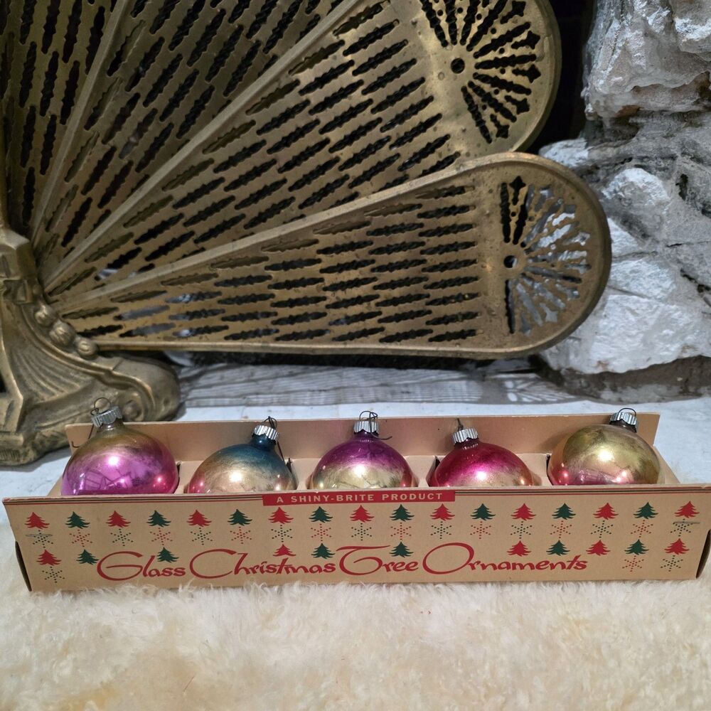 Shiny Brite 2 1/4" Round Christmas Ombre Ornaments Caps With Box Lot Of 5